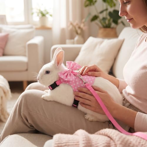 Bunny Harness and Leash Set, Adjustable Rabbit Harness with Buckle | Rabbit Harness and Leash Set for Small Pet Rabbit Kitten Guinea Pigs (Pink Polka Dot, S)