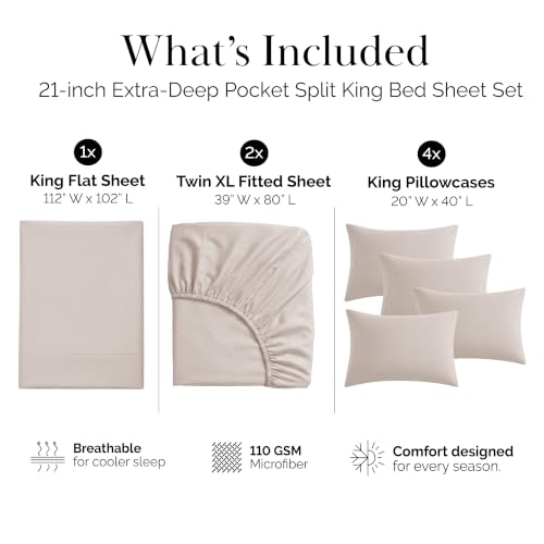 Southshore Fine Living, Inc. 7 Piece, 21 Inch Extra Deep Pocket Split King Bed Sheets Set, Two Deep Fitted King Sheets, Pet Hair Resistant, Oeko-Tex, Oatmeal Shade Split King Sheet Set - Natural Beige - color: 02 - Natural Beige (Formerly Bone), size: Spl