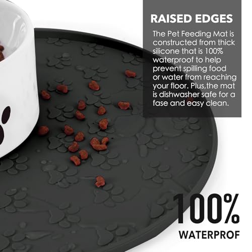 Silicone Pet Food Mat - Waterproof Dog & Cat Feeding Mat with High Lip to Prevent Spills & Protect Floors, Black - color: Black