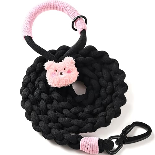 4FT Heavy Duty Braided Rope Dog Leash, Soft Cotton Design with Locking Clip for Medium & Large Dogs – Ideal for Walking & Training (Black – Bear Plush) - color: Black – Bear Plush