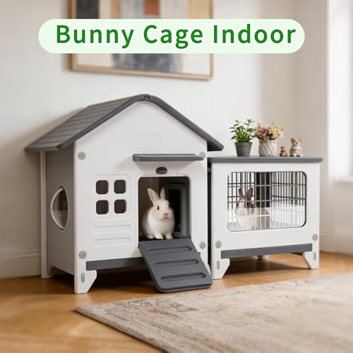 Plastic Rabbit Cage Outdoor Indoor, Bunny Cage Guinea Pig Cages with Run | Waterproof Rabbit Hutch Leak-Proof Pull-Out Tray&Chew-Proof, Easy-Clean & Ideal for Small Animal Cage Enclosure - size: 45.3"L x 20.1"W x 27.2"H