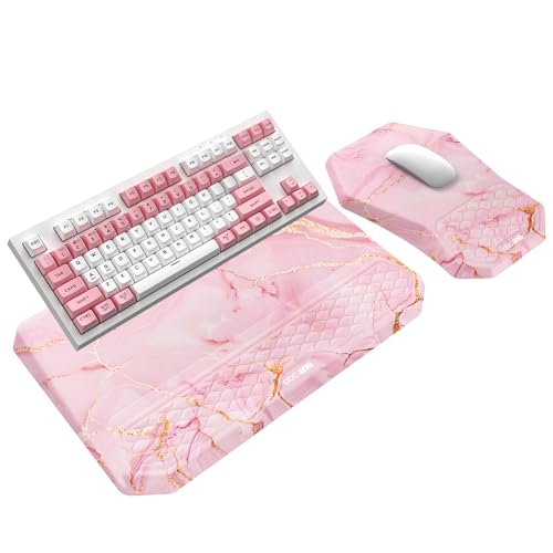 3-in-1 Ergonomic Keyboard Stand with Wrist Rest & Mouse Pad Set,Pink Marble | Comfy Keyboard Riser Holder Soft Mousepad with Massage Design, Memory Foam and Non-Slip PU Base for Pain Relief - color: Pink Marble
