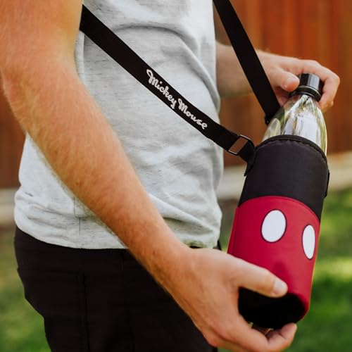 Picnic TIME Disney Shorts Bottle Cooler Tote, Insulated Water Bottle Holder with Adjustable Shoulder Strap for Travel Picnic Theme Parks, Fits 20 to 26 oz Bottles - color: Disney Mickey Mouse - Black with Red Pattern