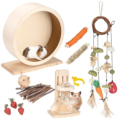 antiai 9.8 Inch Wooden Hamster Exercise Wheel Set,Silent Wheel Quiet Spinner Hamster Running Wheels,Hamster Water Feeder Accessories Chew Toys for Hamsters, Gerbils, Mice and Other Small Pets,9 pcs - size: L set