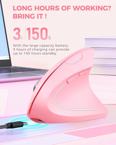 Lekvey Ergonomic Mouse, Rechargeable Vertical Wireless Mouse, Pink | USB-C Charging, 2.4G USB Plug & Play, Quiet Click, 800/1200/1600 DPI, 6 Buttons, Carpal Tunnel Mouse, for Laptop, PC, Mac - color: Pink