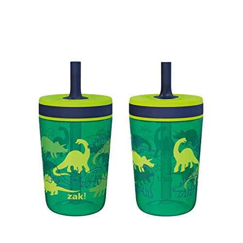 Zak Designs Kelso 15 oz Tumbler Set, (Dino Camo) Leak-Proof Screw-On Lid with Straw Made of Durable Plastic and Silicone, Perfect Cup Bundle for Kids (2pc Set) | BPA Free, Plastic, Sippy Cups, Cup Holder Friendly, Dishwasher Safe, Easy to Clean, Dinosaur,