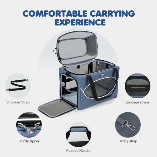 Lekereise Top-Expandable Pet Carrier 18x11x11Inch Delta American United Airline Approved Underseat to 15lbs Stable Car Travel Carriers for Small Dogs Cats with Locking Safety Zippers Anti-Scratch Mesh - color: Navy, size: 18"x11"x11"