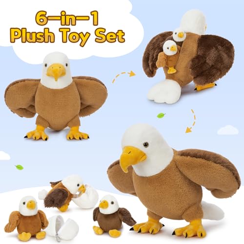 Bald Eagle Stuffed Animal Set with 3 Babies, 2 Eggs, 16 Inch | Mother and Baby Eagle Plushies; Each Egg Holds a Baby; Zipper Belly Storage; Birthday & Christmas Gift for Kids & Bird Lovers - style: Blad Eagle