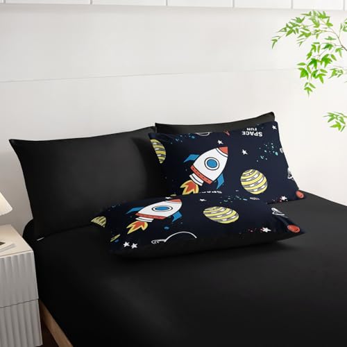 7pcs Space Comforter Set Astronaut Space Rocket Printed Bedding Set with 1 Comforter, 1 Flat Sheet, 1 Fitted Sheet and 4 Pillowcases for Boys and Girls Bedroom (Astronaut Full - color: Astronaut, size: Full 80x90inches