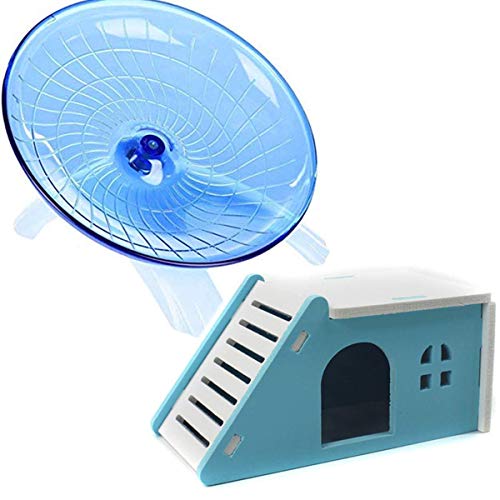 Hamster House Wood Bridge Climb Kit and Exercise Wheel Jogging Running Silent Spinner Flying Saucer Pet Syrian Rat Gerbil Guinea Pig Chipmunk Mouse Parakeet Small Animals - color: blue