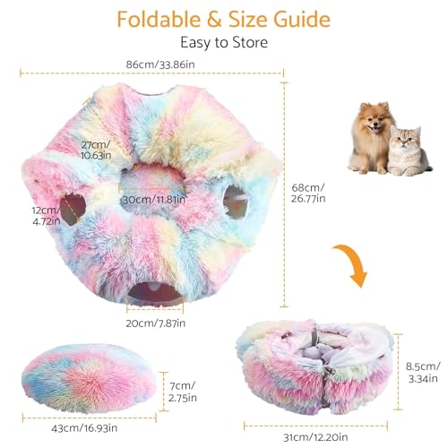 Cat Tunnel Bed, Collapsible Cat Tunnel with Washable Cushion,3-in-1 Multi-Functional Play Tunnel with Peek Holes & Ears, Indoor Playhouse for Cats Kittens Rabbits Small Dogs,Gift for Pet - color: Rainbow