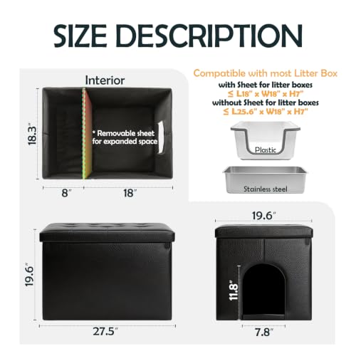 MEEXPAWS Cat Litter Box Enclosure Furniture Odor Control, Large | XL Hidden Cat Litter Box Bench Ottoman, Cabinet Dog Proof, Waterproof Inside, Easy Clean, Easy Assembly, Black - color: Black, size: XL 27.5'' x 19.6'' x 19.6''