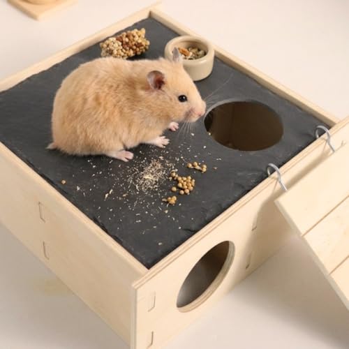 Wooden Hamster Hideout with Slate Rock Cooling Roof, 7.9" Large Hamster House and Hideouts with Climbing Ladder, Tunnel Enrichment Toys, Hamster Cage Accessories for Syrian, Dwarf, Gerbil, Mouse
