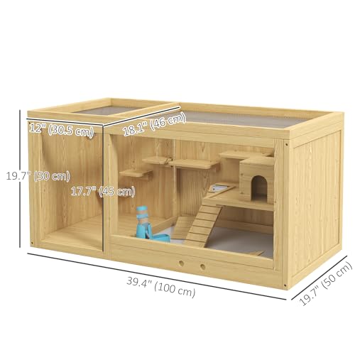 PawHut Wooden Hamster Cage, Extra Large Gerbil Cage, Multi-Layer Small Animal Cage for Dwarf Hamster, Activity Center with Pull-Out Tray, Seesaws, Water Bottle, Ladder, Openable Top | Gerbil Habitat, Multi-Layer Small Animal Cage, Activity Center, Seesaws