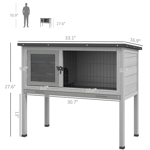 PawHut Elevated Wooden Rabbit Hutch Indoor/Outdoor Bunny Cage Gray | Hinged Asphalt Roof, Removable Tray for Guinea Pig - color: Gray