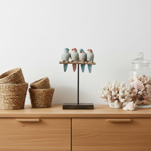 Comfy Hour Bird Figurines Home Decor, 9.8 Inch Decorative Birds Sculpture, Pastel Sparrows on Rustic Branch, Polyresin Tabletop Ornament for Shelf, Mantel, Desktop, 1 Unit