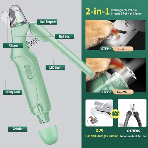 2 in 1 Dog Nail Clippers & Cat Nail Clippers Trimmers for Large Medium Small Dogs Cats Claw Trimmer Quick Sensor and Safety Guard USB Rechargeable Dogs Nail Trimmer with Catcher & 2 LED Lights - color: Green