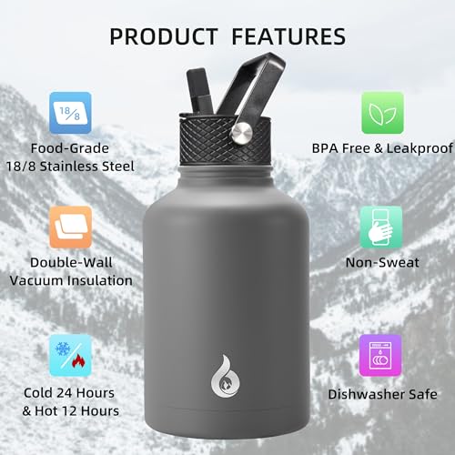 BJPKPK 50oz Stainless Steel Insulated Water Bottle, Vacuum Water Bottle with Straw, Leak Proof, Hot & Cold Insulation, 3 Lids & Paracord Handle, Gray | with Straw Lid, 3 Lids & Paracord Handle, Keep Cold & Hot, BPA-Free Leak-Proof Water Jug for Gym Sports
