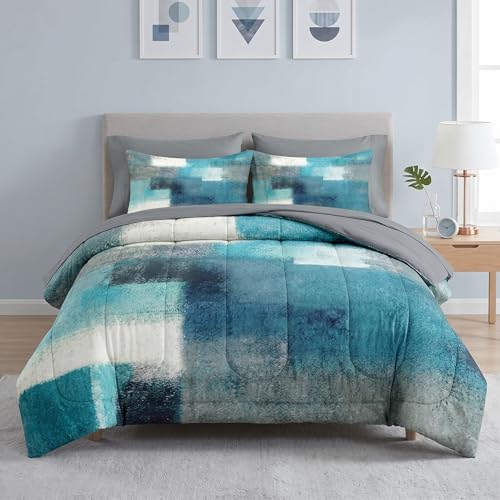 WeCozy Twin Comforter Set with Sheets, 5 Pieces Turquoise Grey Bedding | Bed in A Bag for All Season, Painting Teal Contemporary Gray, Pillowcase & Sham for Kids and Adults - color: Turquoise Teal, size: Twin