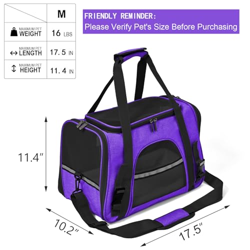 Dog Cat Carrier Soft for Small Pet Up to 16 Lbs TSA Airline Approved Travel Carrier Collapsible Puppy Car Mesh Bag 17.5 * 10.2 * 11.4 inch - Purple - color: Purple