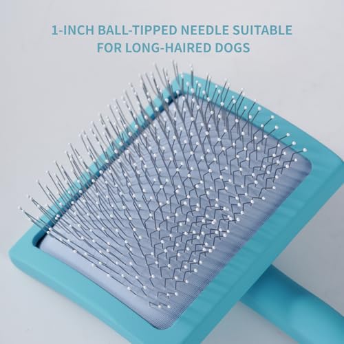 Blue Slicker Brush Long Haired Dog Wooden Handle Coated Pins | Gently Grooming Slicker Brush, Ergonomic Wooden Handle, Long-Haired Dogs, Long Pins for Grooming Goldendoodles Poodles - color: Blue