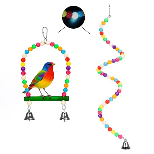2PCs Swing Parrot Toy Spiral Perch Bird Cage Toy Colorful Wood and Glow Beads with Metal Bell for Small to Regular Parrot Parakeets,Macaw,Conure, Cockatiel, Finchess
