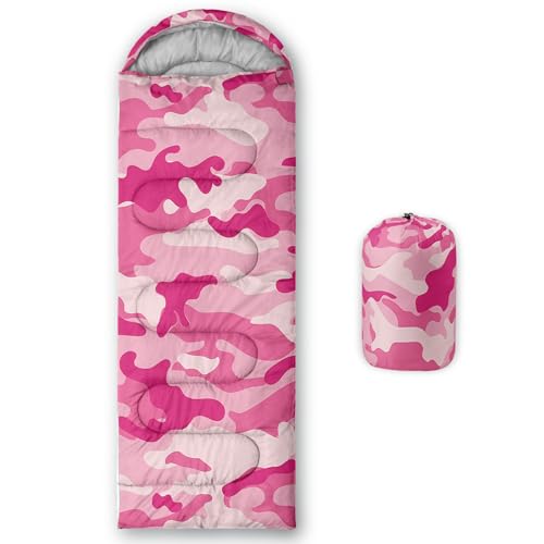 Sleeping Bags for Adults and Kids Backpacking Camping Sleeping Bags for Girls and Boys Lightweight Waterproof Cold/Warm Sleeping Bag for All Season - color: Pink Camo