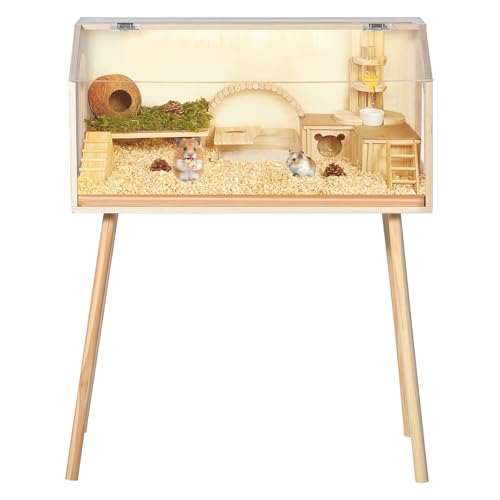 Spacious Wooden Hamster Cage with Acrylic Window & Openable Top – Raised Legs, Seesaw, Platforms, Water Bottle – Chew-Proof Habitat for Dwarf Syrian Hamster, Gerbil, Mouse, Rat – Small Size 81 - size: 32" L x 16" W x 40" H
