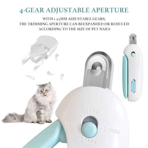 Cat Nail Clipper, Cat Nail Trimmer with Adjustable 3-Size Trimming Hole & Hidden Nail File, Anti-Splash Claw Cutter with Debris Catcher for Kittens, Adjustable Aperture Pet Blue Nail Clippers