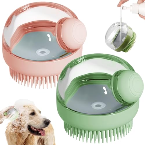 Dog Bath Scrubber Brush, 2 PCS Pet Dog Grooming Massage Shampoo Bath Brush with Soap and Shampoo Dispenser Soft Silicone Bristle for Long Short Haired Dogs Cats Shower - color: Green & Pink