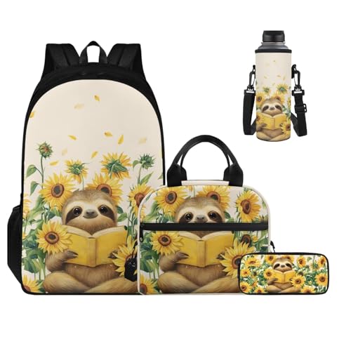 Sunflower Sloth Backpack for Girls 2Nd Grade Boys Bookbag with Lunch Box Large Pencil Case Box and Water Bottles Cover 4 PCS Set Kids 8-10 Comfy Junior High Students School Bag - color: Sunflower Sloth