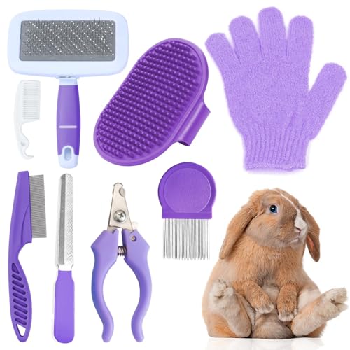 VCZONE 8 Pcs Small Animal Grooming Kit, Rabbit Grooming Kit with Pet Nail Clipper and File, Flea Comb, Pet Shampoo Bath Brush, Pet Shedding Slicker Brush, Bath Massage Glove, Cleaning Comb (Purple) - color: Purple