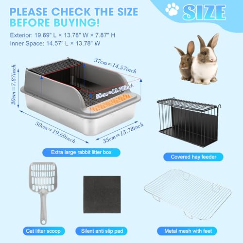 Stainless Steel Rabbit Litter Box w Hay Feeder and Litter Scoop, 19.7 x 13.8 x 7.9 Inch Large Litterboxes w Raised Grid, High Sided Kiter (X-Large) - size: X-Large