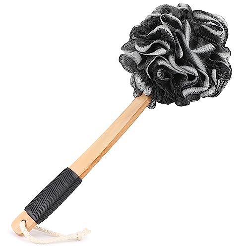 FORENEE Black Loofah on a Stick, PE Mesh Back Scrubber with Wood Handle | Soft PE mesh creates rich lather for gentle cleansing; water-resistant coated wood handle, rubber grip and hanging loop. - style: Black