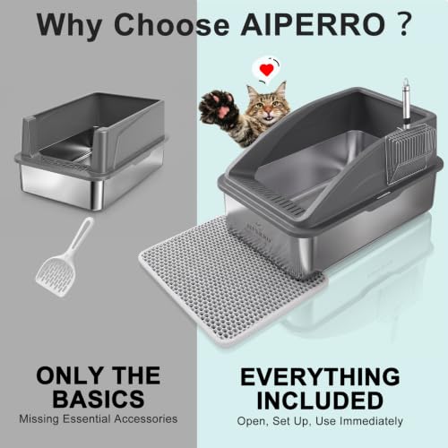 AIPERRO Stainless Steel Litter Box | XL Enclosed Cat Litter Boxs with Lid for Big Cats | High Sided, Anti-Urine Leakage | Non-Stick Bottom & Includes Litter Mat & Metal Scoop (Dark Gray) - color: Dark Grey, size: X-Large