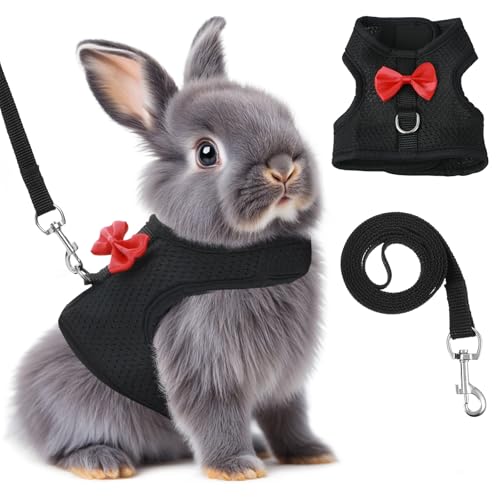 Bunny Harness and Leash Set, Soft Breathable Mesh Rabbit Leash Vest with Safety Buckles, Lightweight Escape-Proof Walking Gear for Rabbits, Kittens, Ferrets, Guinea Pigs, Black M - color: Black