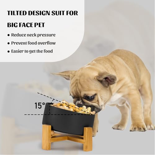 SPUNKYJUNKY 15° Slanted Ceramic Dog and Cat Bowl with Wooden Stand, Tilted Bulldog Food and Water Bowl No Slip Non-Spill for Cats Medium Dogs Big Face Pets 28.7 OZ (3.6 Cups, Black) - color: Black, size: 3.6 CUPS × 1