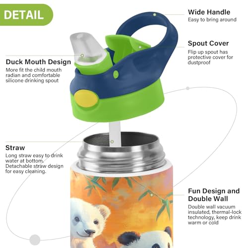 OTVEE Polar Bears Pandas Kids Water Bottle with Straw Lid Insulated Stainless Steel Cup Insulated Tumbler for Boys School 12 oz - color: Polar Bears and Pandas