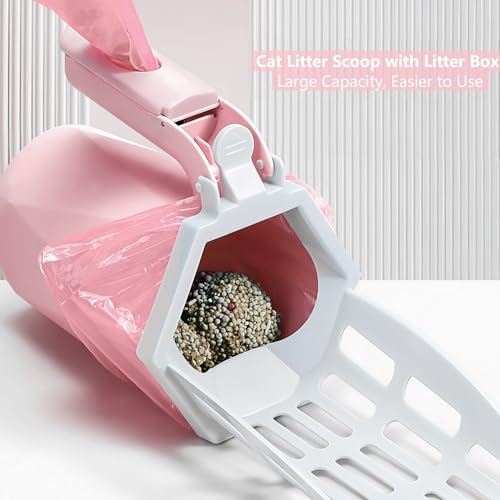 Cat Litter Scooper with Holder, 150 Poop Bags & Built-in Storage Box, Pink | One-Touch Detach, Integrated Design, Quick-Change Bag, Multi-Size Holes, One-Hand Operation, Large Capacity Trash Can