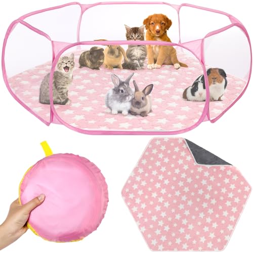 Hamster Playpen with Mat Small Animal Cage Tent Breathable Transparent Guinea Pig Playpen Waterproof Portable Yard Fence Mat Foldable Exercise Playpen Outdoor Indoor (Pink,Star) - color: Pink