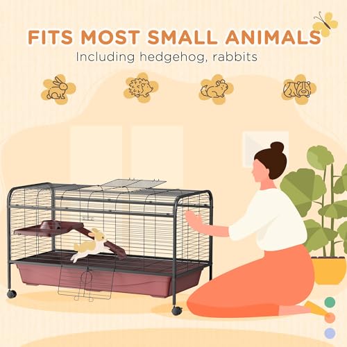 PawHut 48" L Small Animal Cage, Rabbit Hutch, or Ferret Pet Play House with Feeder, Rolling Wheels, Platform, Ramp | Ferret Pet Play House, Platform, Ramp - size: 48.0"L x 23.3"W x 28.8"H