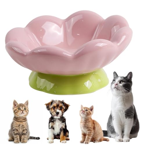 DIF DECO Ceramic Raised Cat Bowl, Pink Elevated Food Bowls for Food and Water Protecting Spine and Whisker Friendly,Tulip Shape Cute Pet Feeder Dish for Indoor Cats and Small Dogs(Height 3.3 inch) - size: Height 3.3 inch