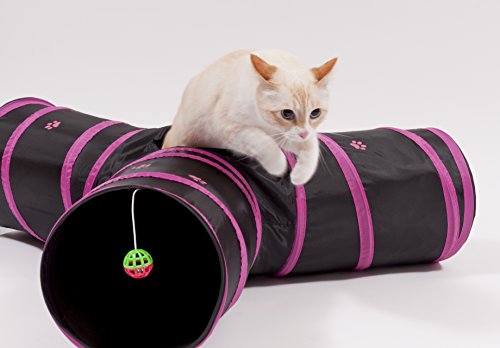Cat Tunnel - Collapsible 3 Way Play Toy - Interactive Tube Toys for Rabbits, Kittens, and Dogs - Black/Pink - color: Pink