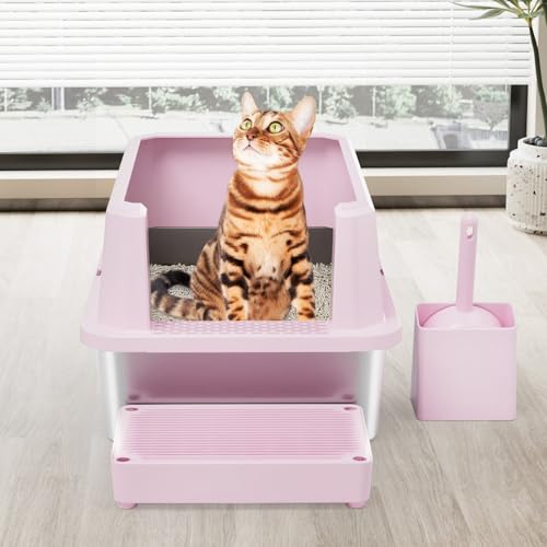 RIZZARI Stainless Semi-Closed Litter Box: High-Sided Open for Large Cats | 304 Stainless Bottom / 6.5" High Splash Guard / Low Front Entry / Spacious for Large Breeds / 30-Second Tool-Free Assembly - color: Pink, 1 Pack