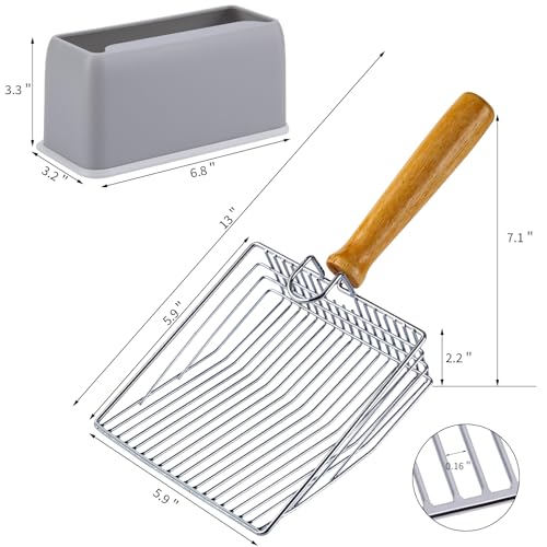 DHXYZZB Metal Cat Litter Scoop with Holder - Heavy Duty Litter Scooper & Speed Sifter with Comfortable Wood Grip - Washable Convenient Stand for Easy and Efficient Cleaning - color: Silver