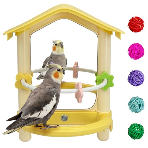 kathson Bird Mirror with Plastic Perch and 5PCS Colorful Rattan Balls Parakeet Hanging Swing with Mirror Interactive Toy Bird Cage Accessories for Cockatiel Parrot Conures Cockatoo Finch(Yellow)