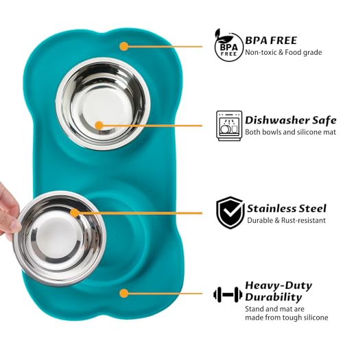 Hubulk Pet Dog Bowls 2 Stainless Steel Dog Bowl with No Spill Non-Skid Silicone Mat + Pet Food Scoop Water and Food Feeder Bowls for Feeding Small Medium Large Dogs Cats Puppies (Small, Green) - color: Green, size: Small