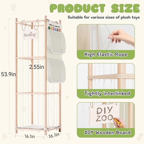 Stuffed Animal Storage & Organizer, 54 inch Tall Wooden Cute Zoo Toy Holder w/Building Block Storage Bag, Premium Wooden Material with Elastic Cord For Toddler Rooms, Playrooms & Bedrooms - color: Natural, size: Large