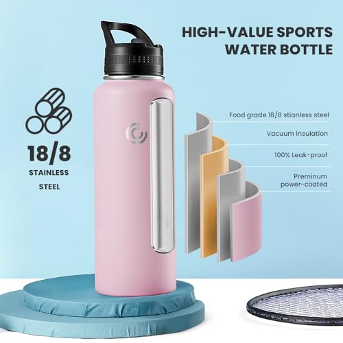 COKTIK 40oz Sports Water Bottle, Stainless Steel Water Bottle for Insulated, Reusable Travel Bottle, With Straw, With Handle Grip for Easy Carrying, Suitable for Cycling, Outdoor Vacations(Blush) - color: Blush, size: 40 Ounces