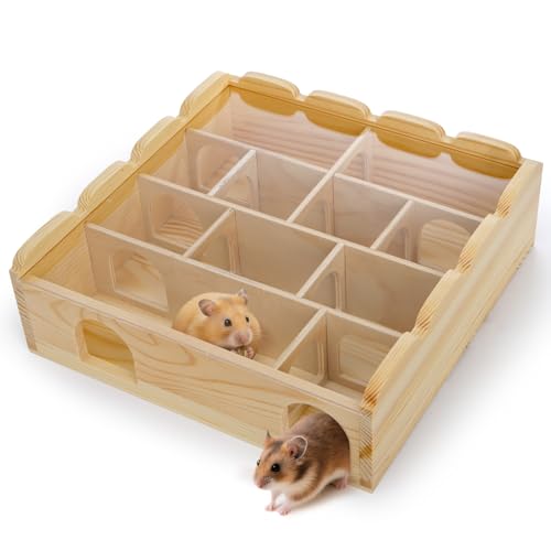 Wooden Hamster Maze with Clear Acrylic Cover, Multi-Chamber Hamsters Hide Tunnel Cage, Hideout Tunnel Toy Shed and Explore Toy for Dwarf Hamsters Mice Small Gerbil（Free-Installation）